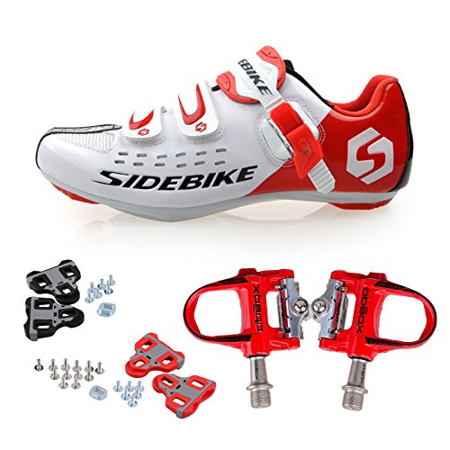 TXJ Rennradschuhe Fahrradschuhe Radsportschuhe mit Klickpedale EU Größe 44 Ft 27.5cm (SD-001 Weiß / Rot)(pedale rot)