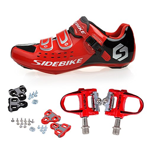 TXJ Rennradschuhe Fahrradschuhe Radsportschuhe mit Klickpedale EU Größe 45 Ft 28.5cm (SD-001 Rot / Schwarz)(pedale rot)